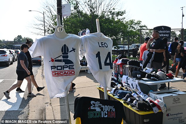 A Pope Leo XIV t-shirt is seen outside for sale prior to a White Sox game on June 6