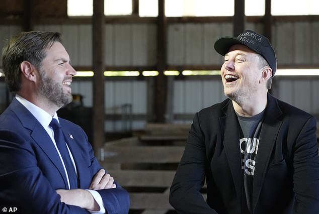 Happier times as Tesla and SpaceX CEO Elon Musk, right, speaks with Republican vice presidential nominee Sen. JD Vance, R-Ohio back stage on the campaign trail