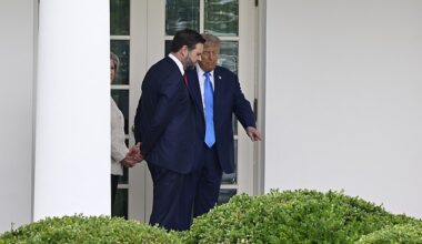 President Donald Trump chats briefly with Vice President JD Vance outside of the Oval Office