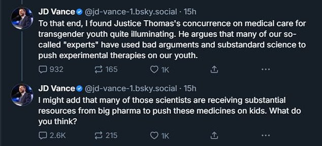 Vance's first activity on Bluesky was a three-part post about the Supreme Court ruling