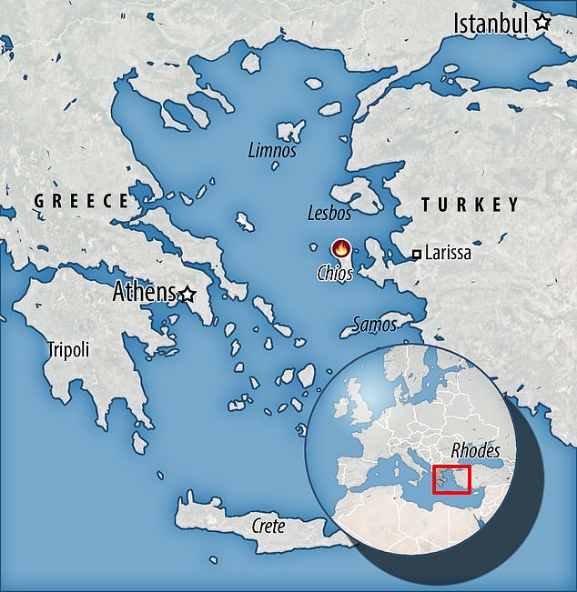 GREECE: Flames engulfed the island of Chios this week, leaving firefighters struggling to contain what turned into one large fire
