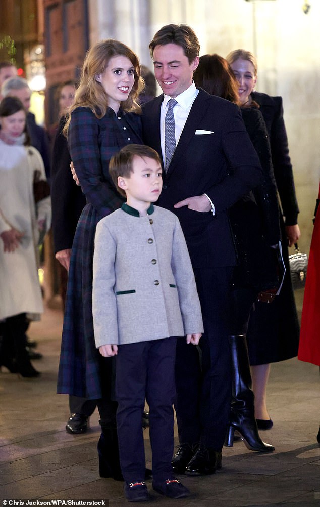 Huang is the mother of Princess Beatrice's nine-year-old stepson Wolfie, who is pictured with Beatrice and Edoardo Mapelli Mozzi at the Westminster Abbey carol service in December 2023