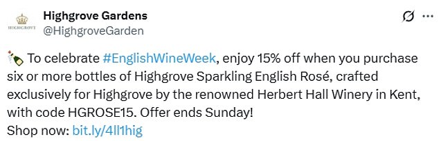 This week, Highgrove Gardens announced a 15 per cent off deal when six or more bottles are purchased for English Wine Week