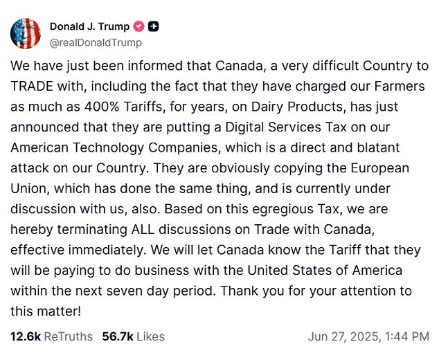 Canada's response came hours after President Donald Trump made this post criticizing the country for levying a usage tax on American tech companies