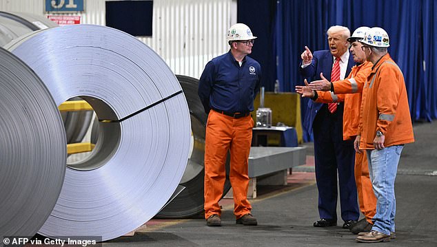 It remains to be seen how Canada's hike on US steel imports will affect the industry, which has been struggling for years (Pictured: Trump tours US Steel plant in West Mifflin, Pennsylvania, on May 30, 2025)
