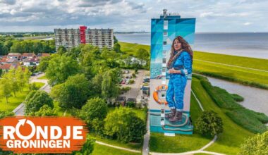 Binnenvaartschipper Liana schittert op de grootste muurschildering van Noord-Nederland