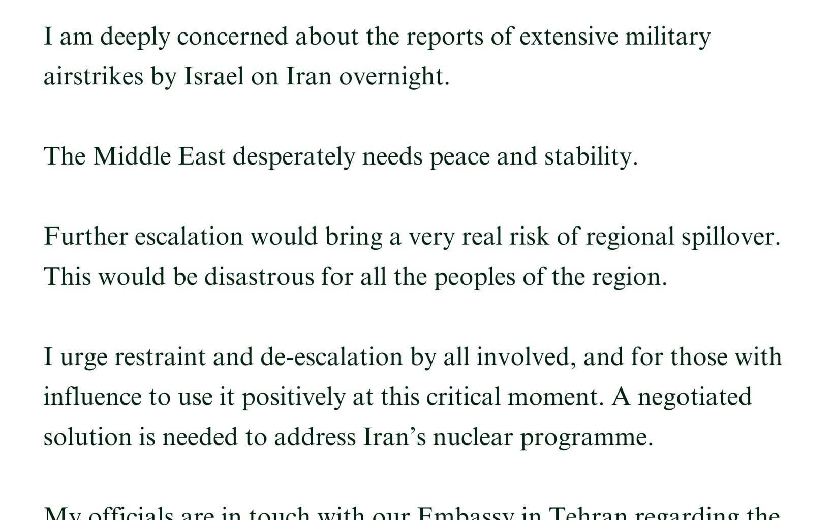 Simon Harris statement on Israels attack on Iran