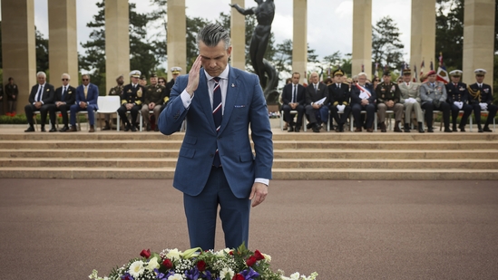 U.S. Defense Secretary Pete Hegseth honored the 81st anniversary of the D-Day landings on Friday, June 6, 2025, by laying a wreath at the American cemetery in Colleville-sur-Mer, Normandy. AP/PTI(AP06_06_2025_000326A)(AP)