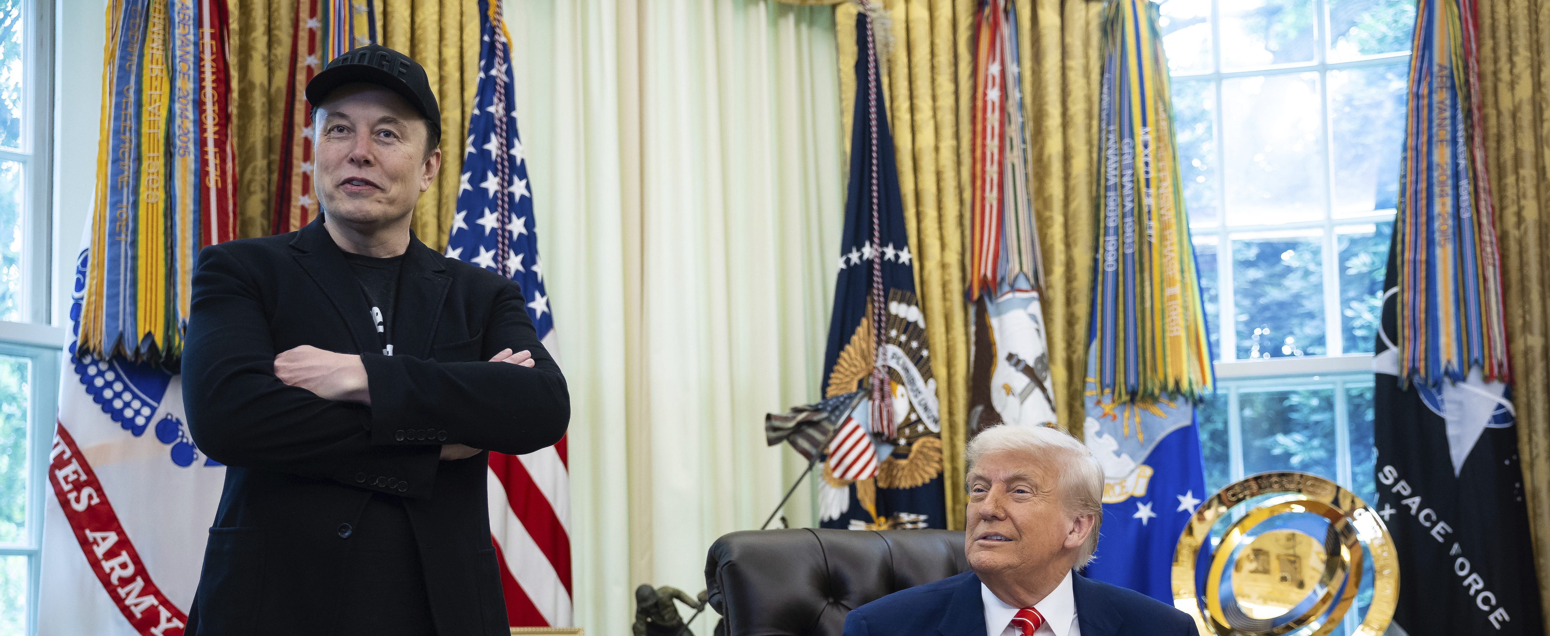 Elon Musk and President Donald Trump take part in a press conference in the Oval Office at the White House May 30, 2025.