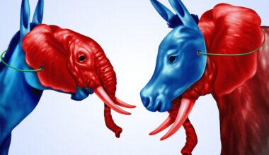 An illustration of a donkey and an elephant facing each other. The blue donkey is on the left, facing toward the right. It is wearing a red elephant mask on its face. On the right, there is a red elephant facing to the left. It is wearing a blue donkey mask.