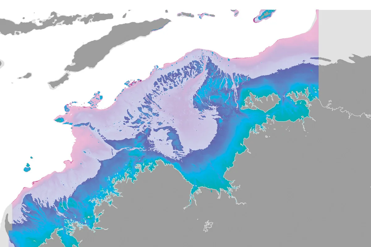 Illustration of the coastline of Sahul in north Australia. Grey is modern Australia, pink is submerged land 70-61,000 years ago and blue is exposed land 70-61,000 years ago.