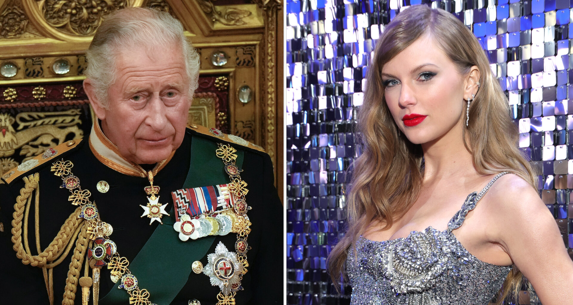 King Charles wears military uniform and sits on a gold throne, Taylor Swift wears a silver dress and has red lipstick