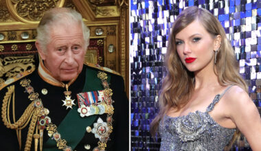 King Charles wears military uniform and sits on a gold throne, Taylor Swift wears a silver dress and has red lipstick