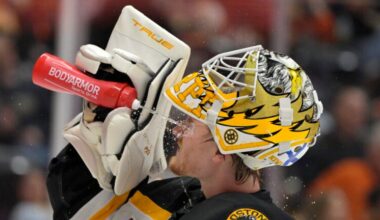 Boston Bruins goaltender Joonas Korpisalo cools off during a stoppage in play during the first period of an NHL hockey game against the Anaheim Ducks, Wednesday, March 26, 2025, in Anaheim, Calif.