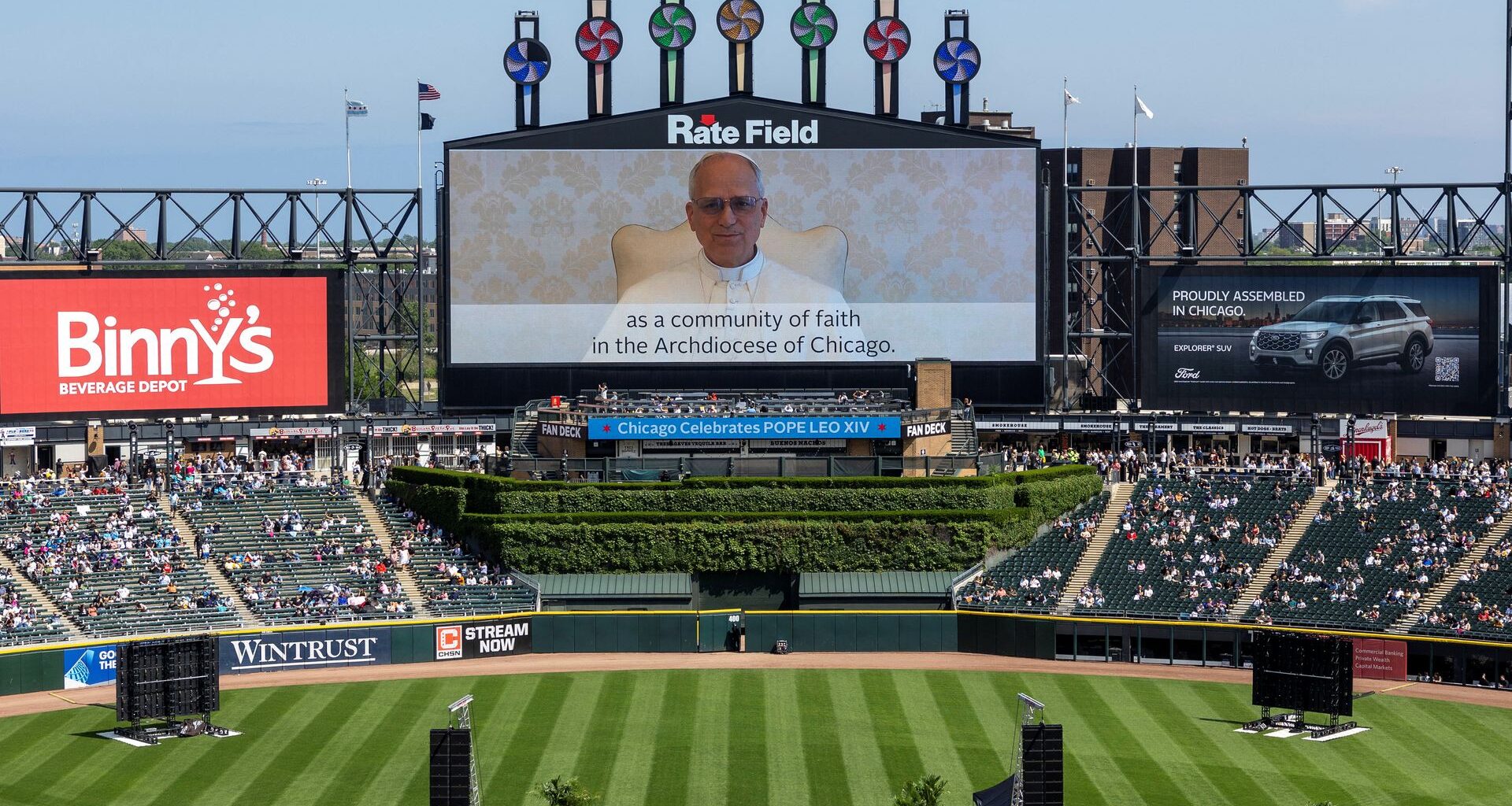 The Archdiocese of Chicago celebrated Pope Leo XIV at the home of the White Sox. The first U.S. pope shared a message on the jumbotron. 