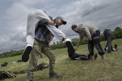Marcin Banasiak, 53, during an exercise to evacuate the wounded. 