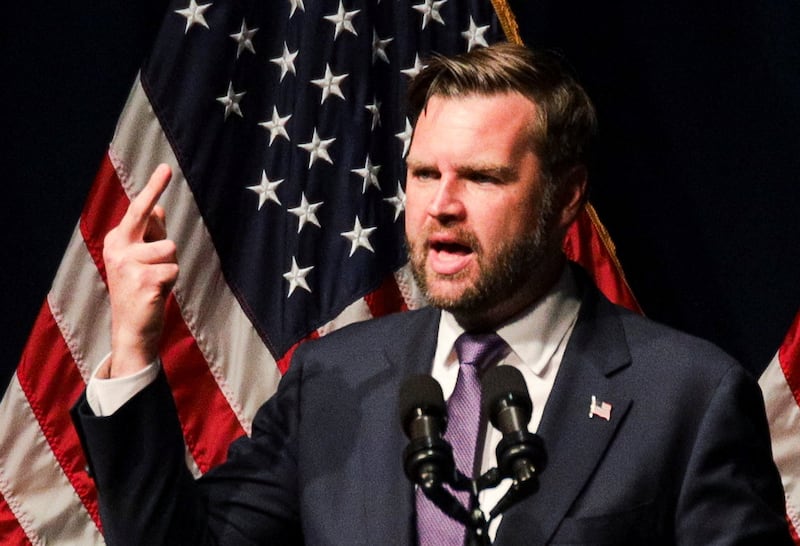 U.S. Vice President JD Vance gestures as he makes a joke about the people in Washington, D.C. who he says hates him, during an Ohio Republican party dinner in Lima, Ohio, U.S. June 24, 2025.
