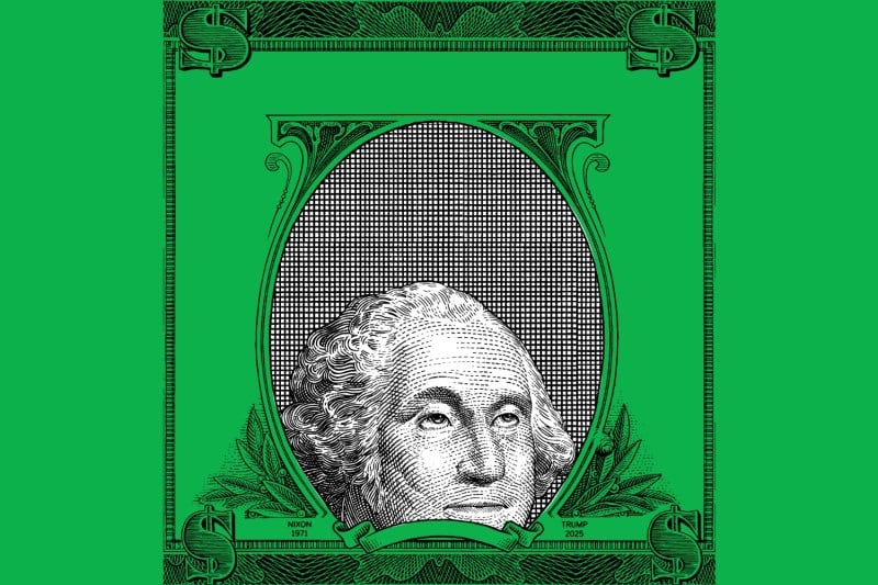 A woodcut style illustration shows a George Washington's face low down on a dollar bill rolling his eyes.