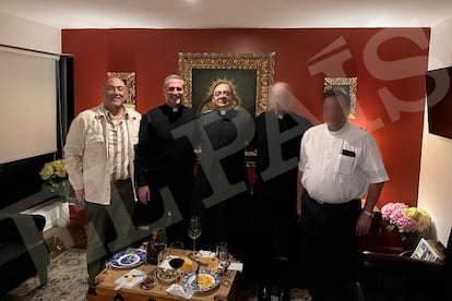 From left, Sodalitium member Guillermo Ackermann, the organization’s high-ranking priest Gonzalo Len and the canon lawyer who represented the Chiclayo abuse victims Ricardo Coronado, in an image from August 2023, provided by an anonymous individual.