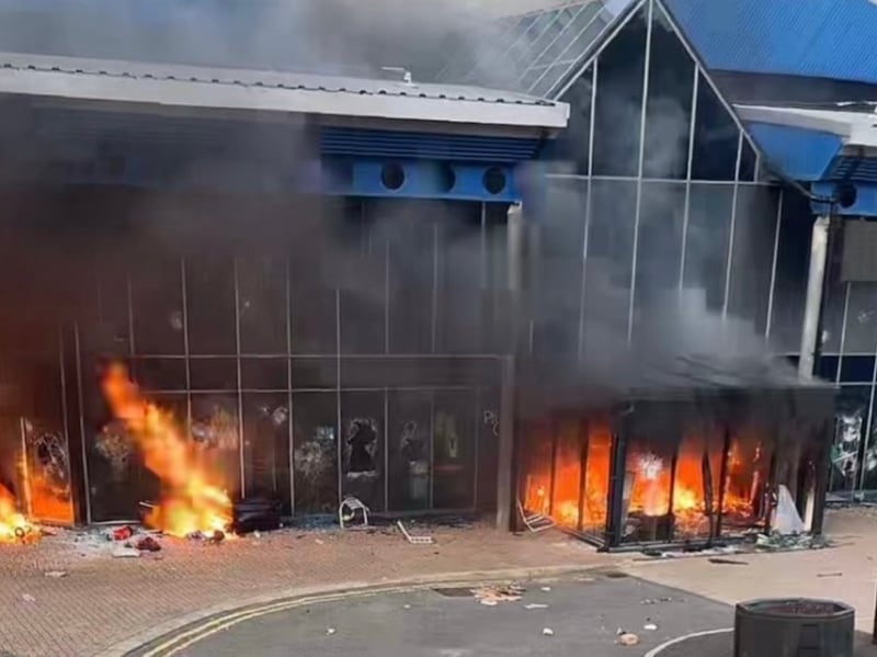Larne Leisure Centre was targeted on Wednesday evening as a third night of unrest unfolds. Image: X
