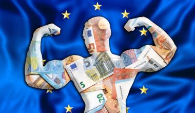 Abstract business background. Concept of powerful European EURO. Flag of Europe and bodybuilder shaped EUR currency. Financial concept about exchange rate of European Euro currency.