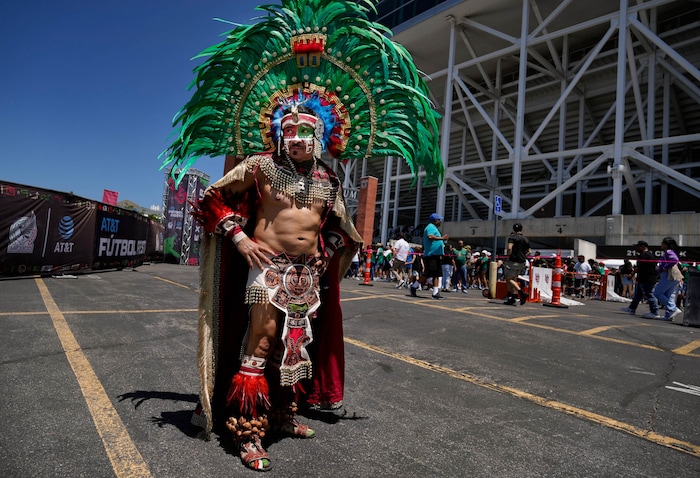 (Francisco Kjolseth  | The Salt Lake Tribune) Abel Isabelardo dresses as the Aztec warrior Tzilacatzin as he attends the Mexico Men’s National Team game against Switzerland in a MexTour match at Rice-Eccles Stadium on Saturday, June 7, 2025.