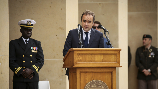 French Defense Minister Sébastien Lecornu delivered a heartfelt speech at the American Cemetery in Colleville-sur-Mer on June 6, 2025, commemorating the 81st anniversary of the D-Day landings. (AP Photo/Thomas Padilla)(AP)