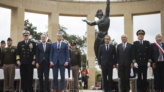 U.S. Defense Secretary Pete Hegseth and French Defense Minister Sébastien Lecornu attended a solemn ceremony at the American Cemetery in Colleville-sur-Mer on June 6, 2025, marking the 81st anniversary of the D-Day landings. (AP Photo/Thomas Padilla)(AP)