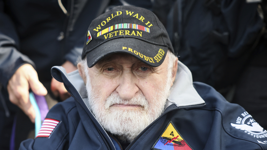 American World War II veteran Gideon Kantor attended ceremonies at the American Cemetery in Colleville-sur-Mer on June 6, 2025, to honor the 81st anniversary of the D-Day landings. (AP Photo/Thomas Padilla)(AP)