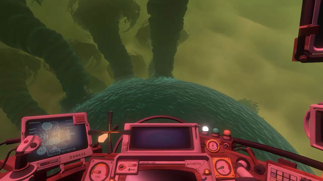 Still from the video game Outer Wilds. There is a spaceship control panel with a joystick, several monitors and buttons. Through the spaceship's window there is a water planet with several deadly hurricanes swirling in the distance.