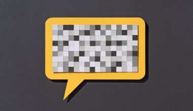 Paper Craft Pixel Mosaic Covering a Yellow Speech Bubble on Gray Background Front View, Censorship Concept.