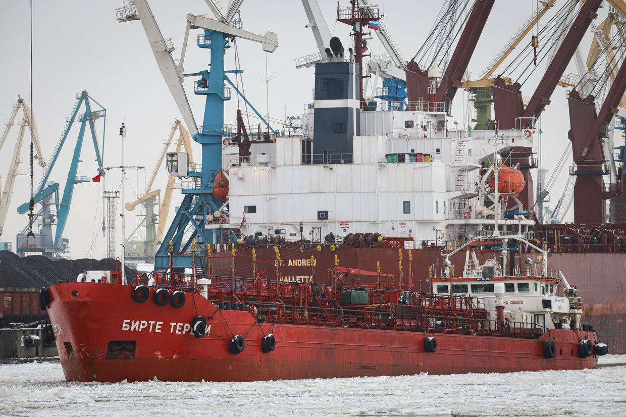 The oil and chemical tanker Birthe Theresi sails along the Sea Canal of the Big Port in St. Petersburg, Russia, on Feb. 12, 2025. 