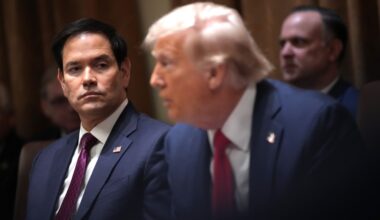 U.S. Secretary of State Marco Rubio listens as President Donald Trump delivers remarks during a Cabinet Meeting at the White House on February 26, 2025 in Washington, DC.