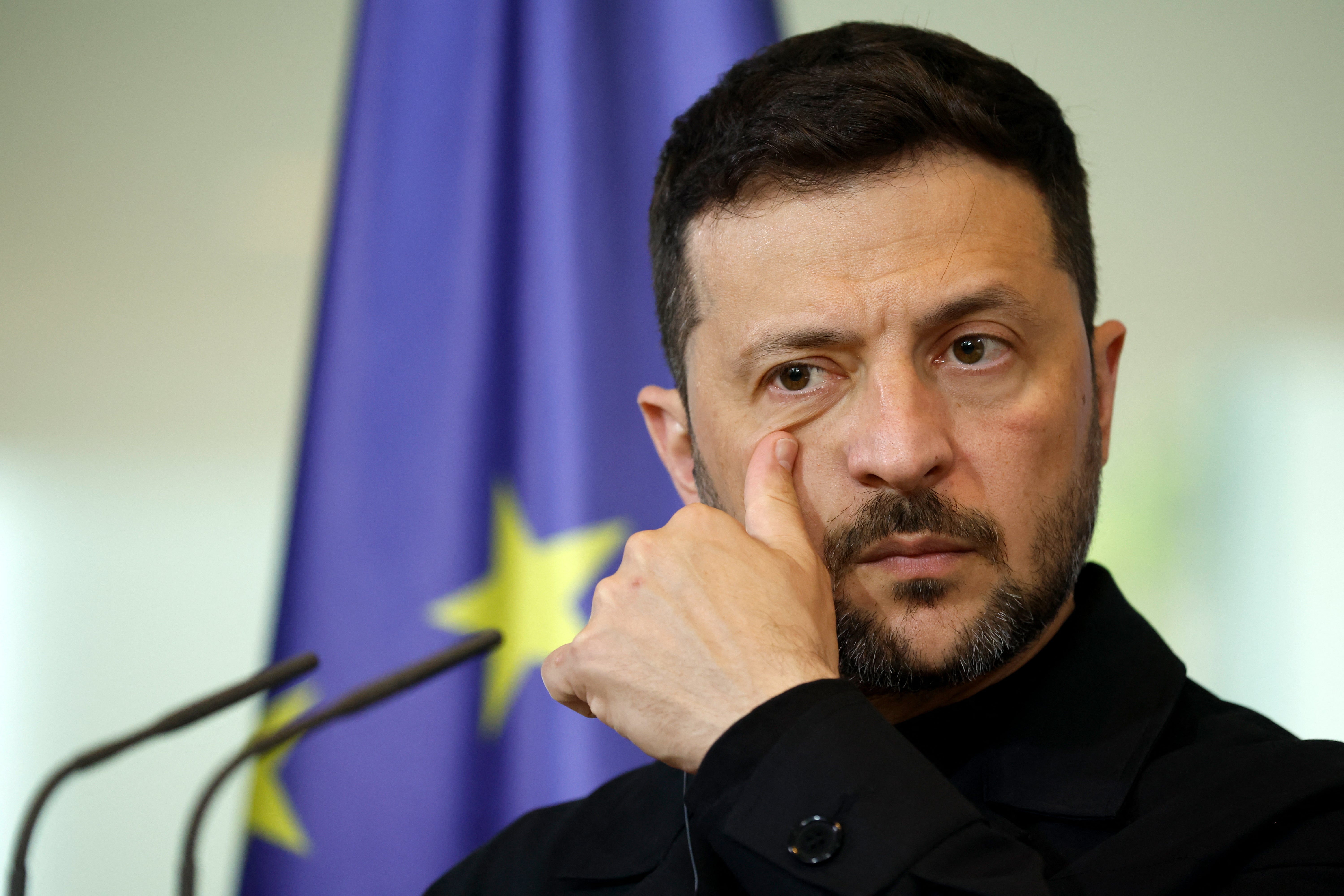 Ukrainian president Volodymyr Zelensky gives a joint press conference at the Chancellery in Berlin
