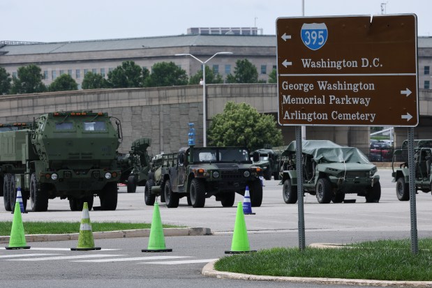 U.S. Army vehicles are staged outside the Pentagon ahead of the U.S. Army's 250th anniversary parade June 10, 2025 in Arlington, Virginia. (Photo by Win McNamee/Getty Images)