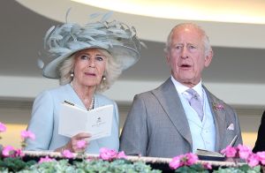 ASCOT, ENGLAND - JUNE 17: Queen Camilla and King Charles III react as they attend day one of Royal Ascot at Ascot Racecourse on June 17, 2025 in Ascot, England. (Photo by Chris Jackson/Getty Images)