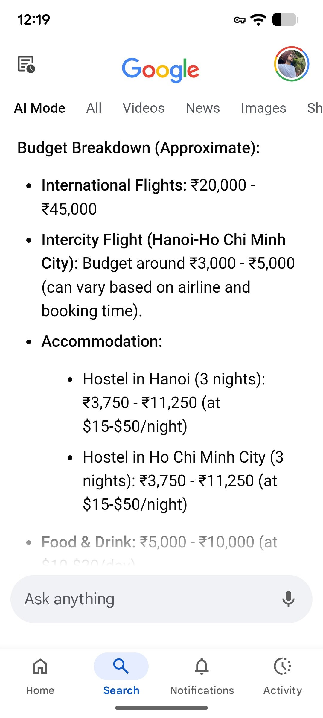 Google AI Mode trip planner 2 Google AI Mode suggesting plans for budget Vietnam trip