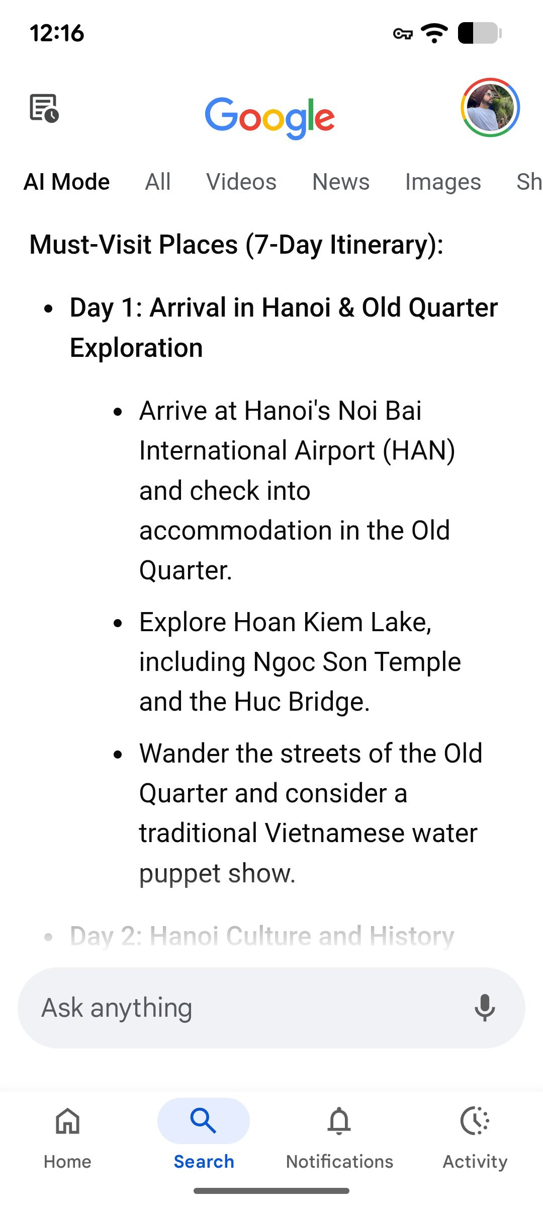 Google AI Mode trip planner Google AI Mode suggesting plans for budget Vietnam trip