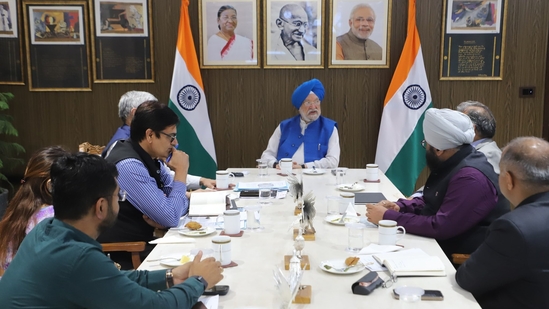 Petroleum Minister Hardeep Puri during a meeting with officials on Monday.(X/Hardeep Puri )