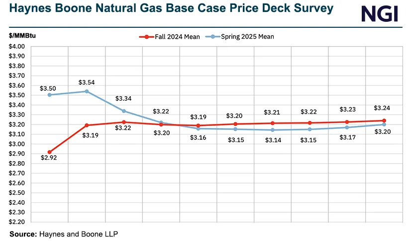 Line chart titled "Haynes Boone Natural Gas Base Case Price Deck Survey" comparing Fall 2024 and Spring 2025 mean natural gas price forecasts in $/MMBtu. The chart shows Fall 2024 estimates rising from $2.92 to $3.24 and Spring 2025 estimates declining from $3.50 to $3.20. Data source is Haynes and Boone LLP, with branding from NGI.