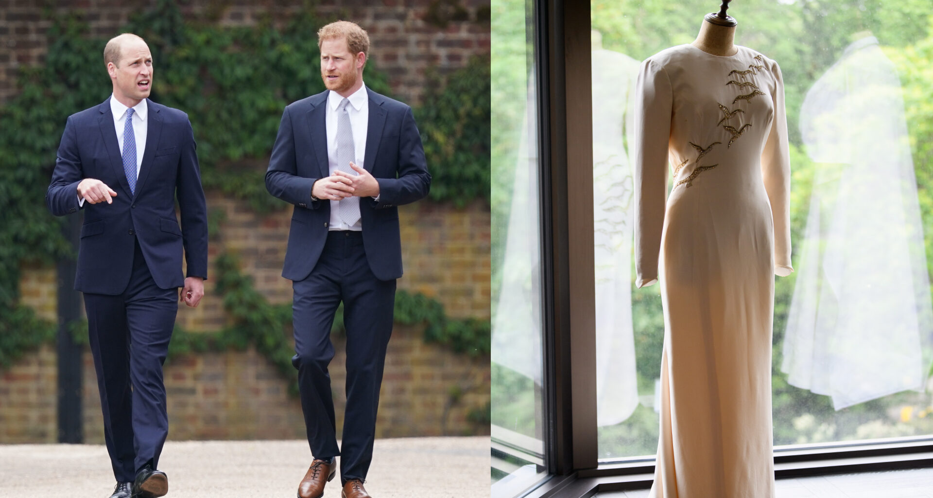 Prince Harry and Prince William walking next to each other in blue suits next to a photo of Princess Diana's white Catherine Walker gown on a mannequin