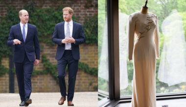 Prince Harry and Prince William walking next to each other in blue suits next to a photo of Princess Diana's white Catherine Walker gown on a mannequin