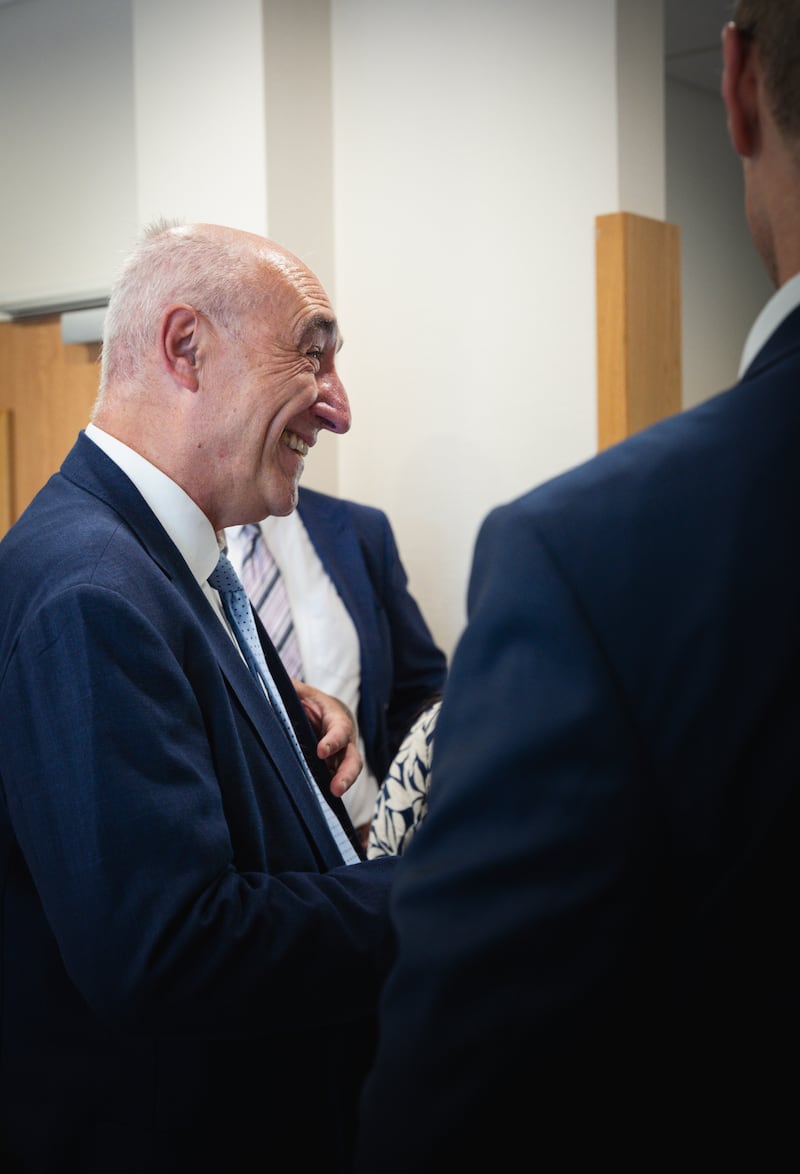 Nico Pundel, mayor of the municipality of Strassen, meets leaders of The Church of Jesus Christ of Latter-day Saints at a ribbon cutting ceremony for the first Latter-day Saint meetinghouse in Luxembourg, June 14-15, 2025.