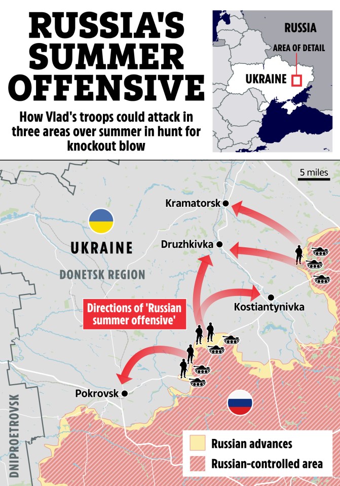 Illustration of map showing potential directions of Russia's summer offensive in Ukraine.