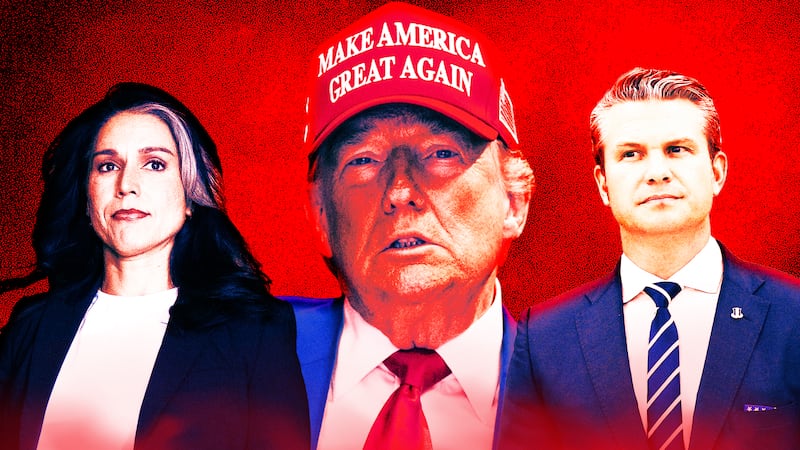 A photo illustration of Tulsi Gabbard, Donald Trump, and Pete Hegseth, on a red black background.