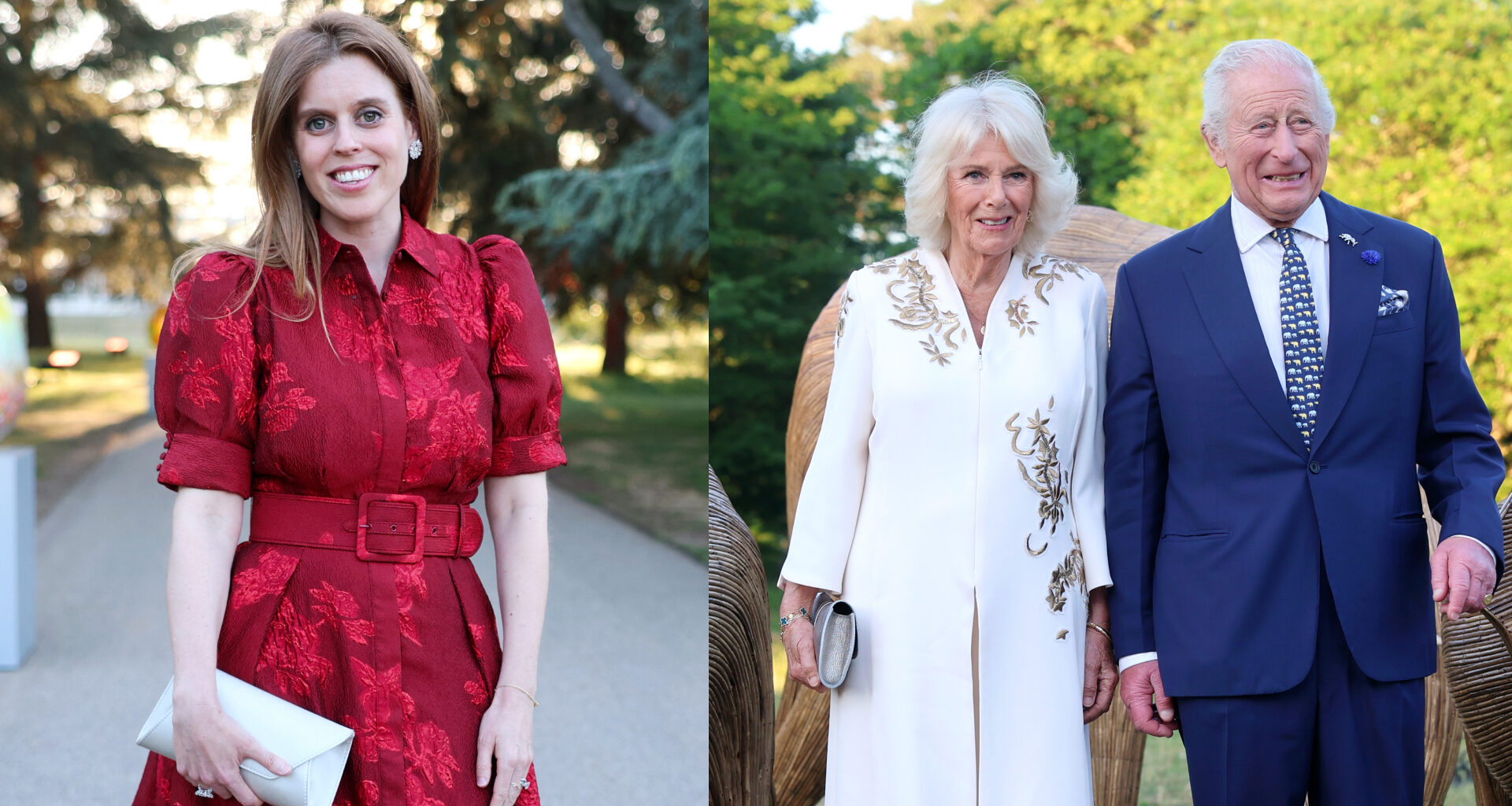 Princess Beatrice wearing a red dress next to King Charles and Queen Camilla