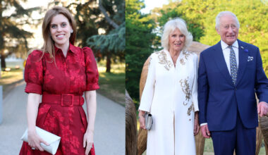 Princess Beatrice wearing a red dress next to King Charles and Queen Camilla