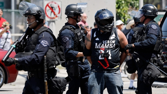  A protestor is arrested by LAPD officers on June 08, 2025 in Los Angeles, California. (Getty Images via AFP)
