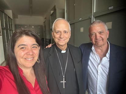 Cardinal Robert Prevost with Peruvian journalists Paola Ugaz and Pedro Salinas, whom he supported in their investigation of Sodalitium Christianae Vitae, at the Vatican's Dicastery for Bishops in October 2024, provided by the author.