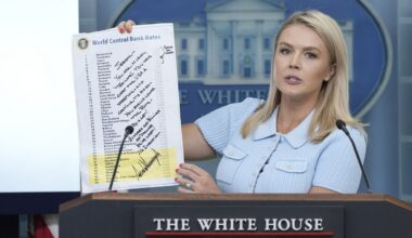 White House press secretary Karoline Leavitt holds up a note from President Donald Trump to Federal Reserve Chairman Jerome Powell written on a list of central bank rates worldwide, as she speaks with reporters in the James Brady Press Briefing Room at the White House, Monday, June 30, 2025, in Washington. (AP Photo/Alex Brandon)